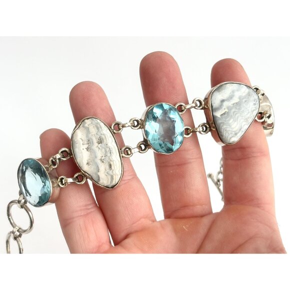 Blue Gemstone & Jasper Chainlink Silver Toned Chunky Vintage Tennis Bracelet - Picture 12 of 14